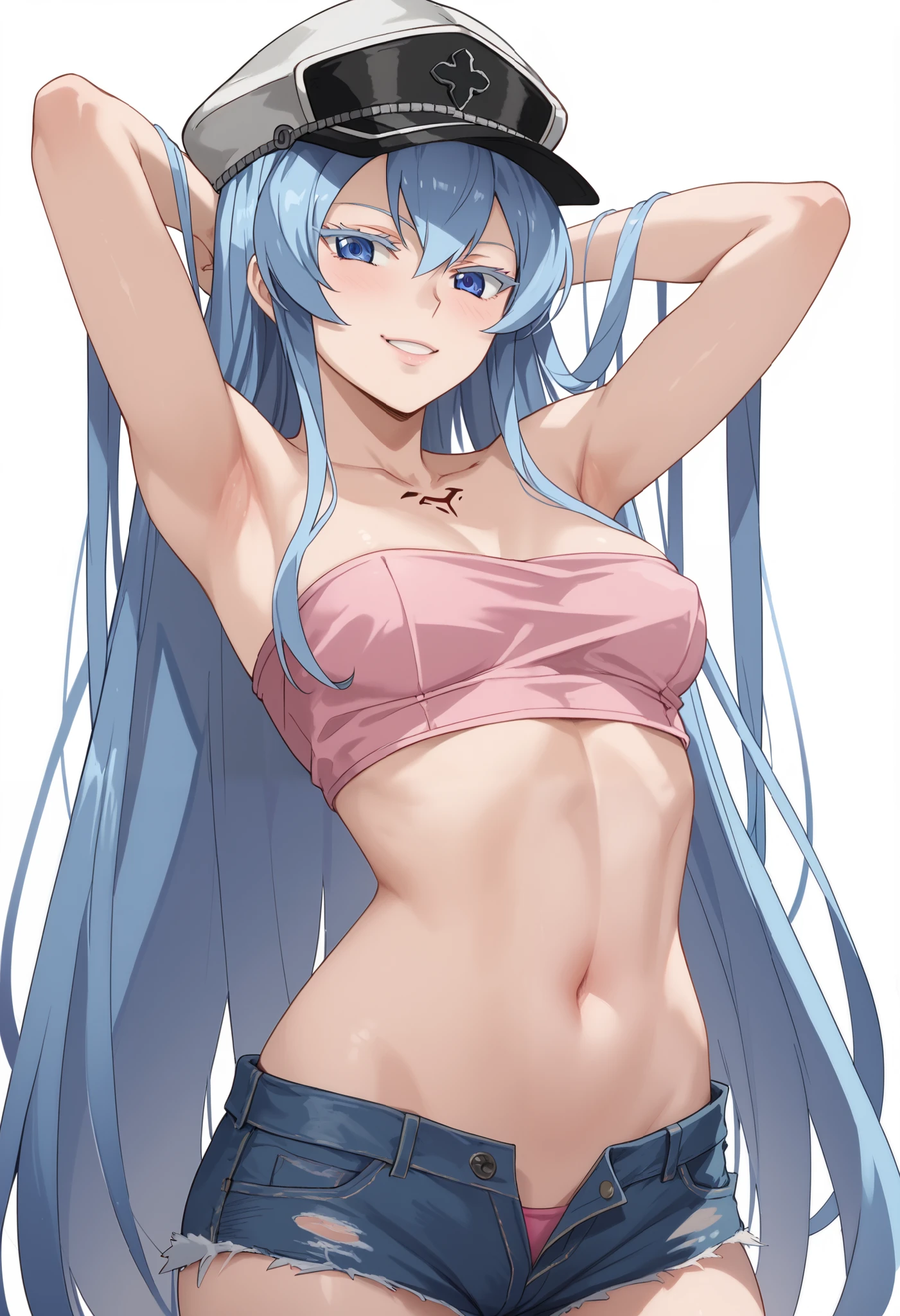 esdeath, blue eyes, blue hair, long hair, large breast, eyelashes, red face, (cowboy shot), bedroom background, pink and white background, pink bedroom, bangs, midriff, (pink tube top), denim hotpants, open fly, gyaru clothes, thighighs, small breasts, light blush, seductive smile, arms behind head, hat