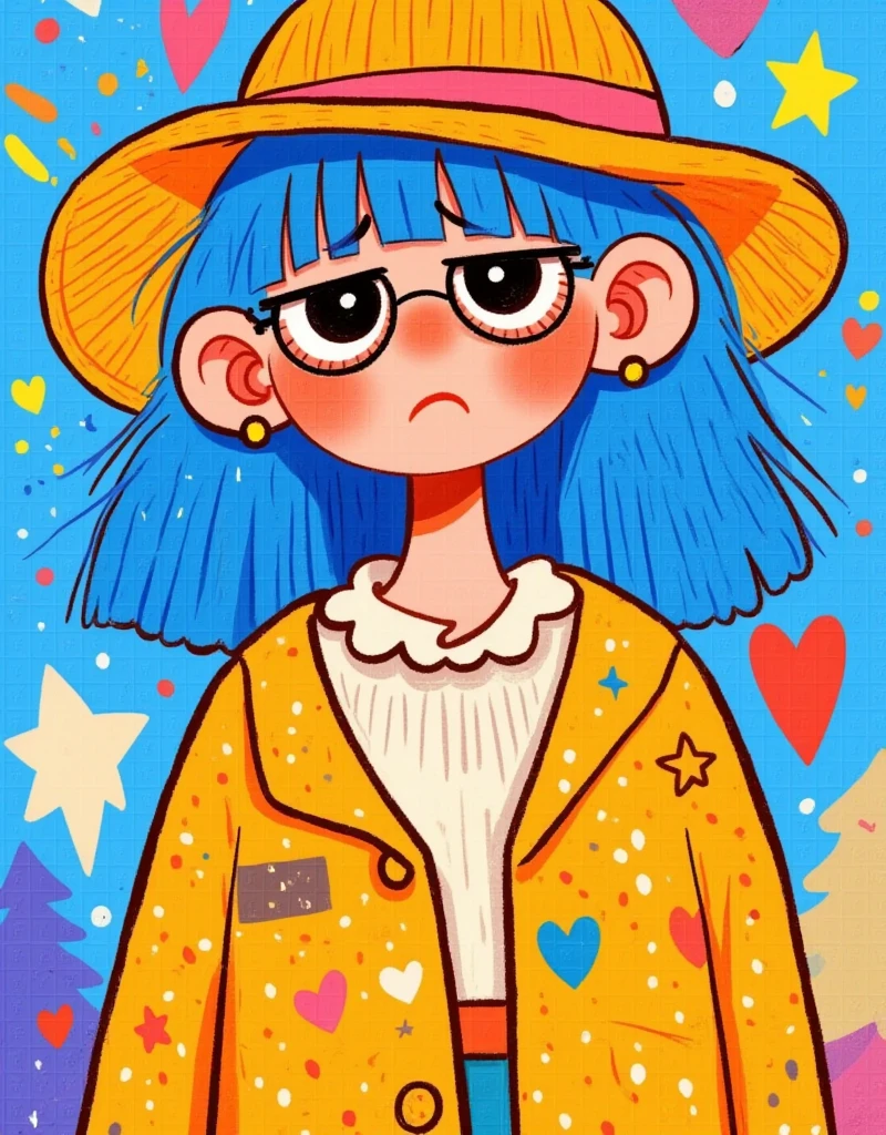 cartoon drawing of a girl with glasses and a hat, 2 d anime style, 2d illustration, 2 d illustration, vibrant fan art, 2 d style, 2d digital illustration, by Kanbun Master, candypunk character design, cute art style, digital 2d illustration, colorfull illustration, little angry girl with blue hair, 2 d gouache illustration