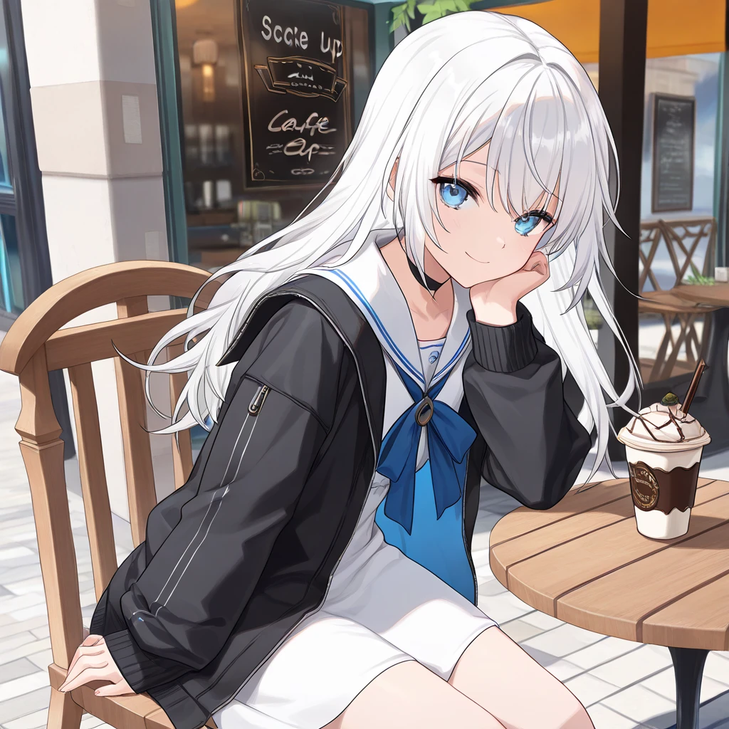 Super detailed,(Highest quality),((masterpiece)),(High resolution), (detailed eyes), 1 girl, white hair, blue eyes, white dress, sailor collar, black jacket, open jacket, sitting on chair, outdoor, near cafe, look at viewer, smile,