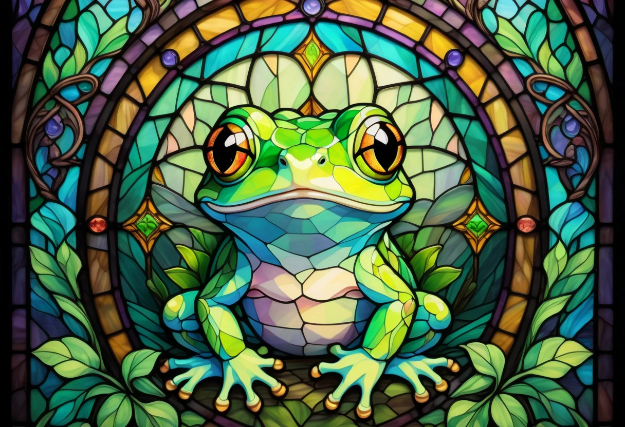 2D Stained Glass window, cute frog in window frame. dungeons and dragons art. Style of stained glass. Digital stained glass style. pastel color scheme