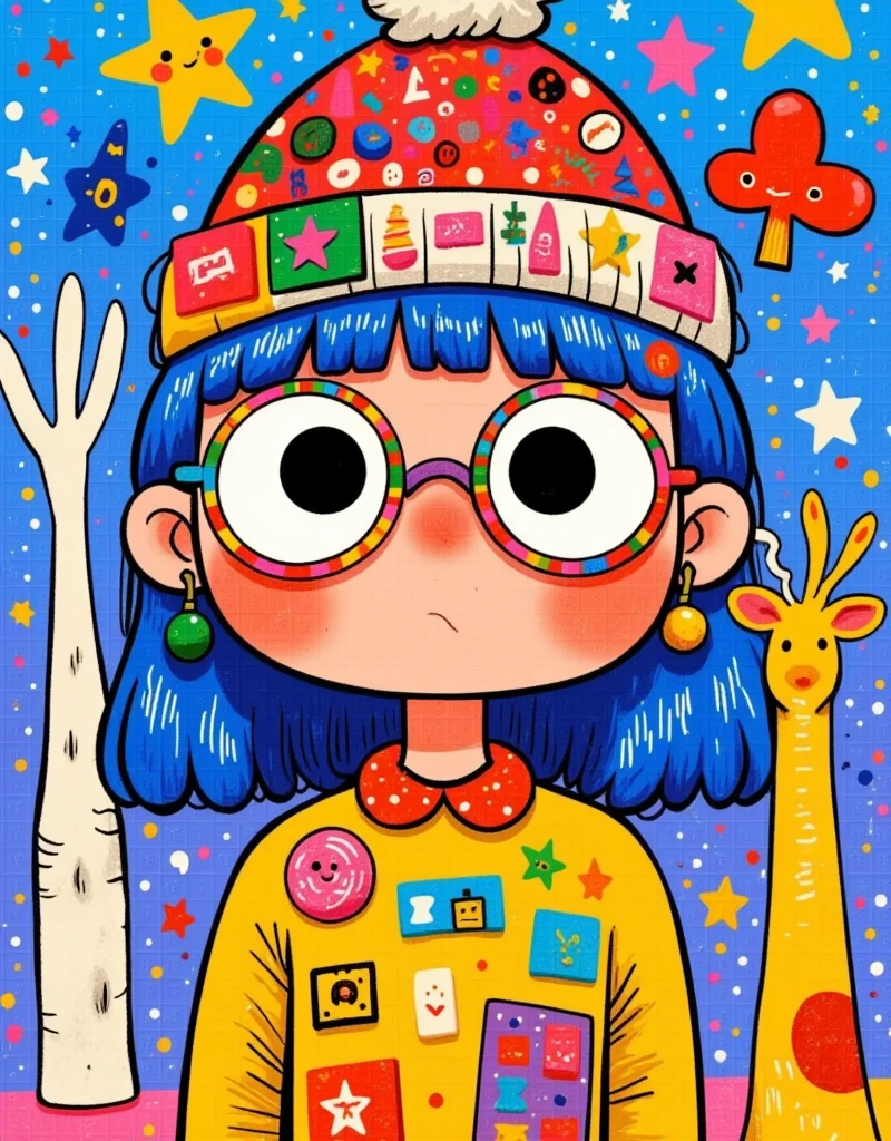 cartoon drawing of a girl with glasses and a hat, 2 d anime style, 2d illustration, 2 d illustration, vibrant fan art, 2 d style, 2d digital illustration, by Kanbun Master, candypunk character design, cute art style, digital 2d illustration, colorfull illustration, little angry girl with blue hair, 2 d gouache illustration