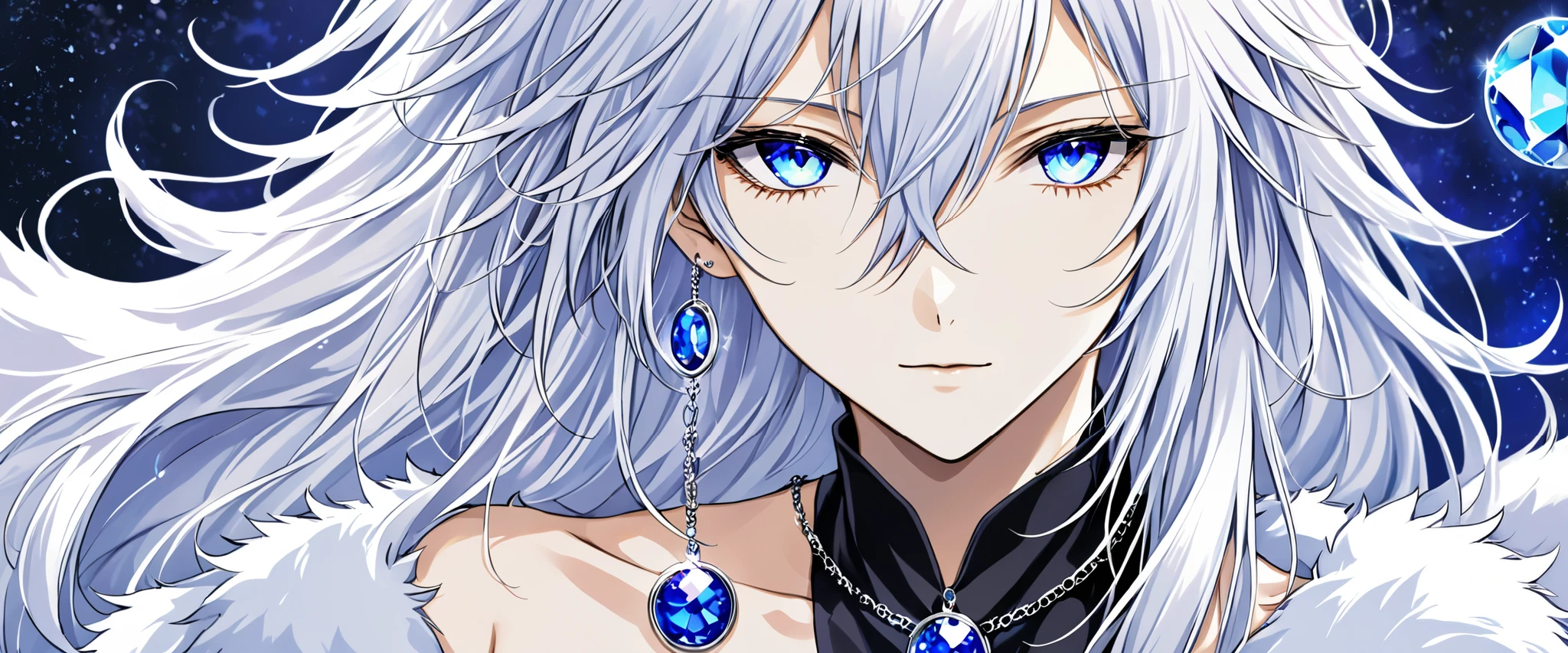 between and 20 year olith long straight hair, ear, white fox tail and fur 、The right eye has blue eyes 、Left eye is purple, Neutral、 with an attractive smile 、 black necklace with a 5cm transparent blue round crystal pendant、 sexy look , con copos ❄ al estilo anime