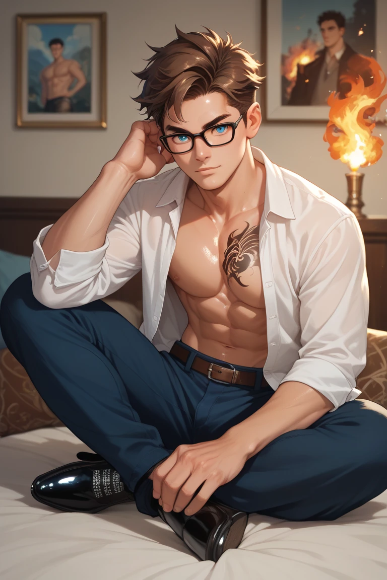 Handsome young man, no shirt, fair skin, blue eyes, brown hair, glasses, black, shiny shoes, magic fire around him, black tattoo, picture, anime