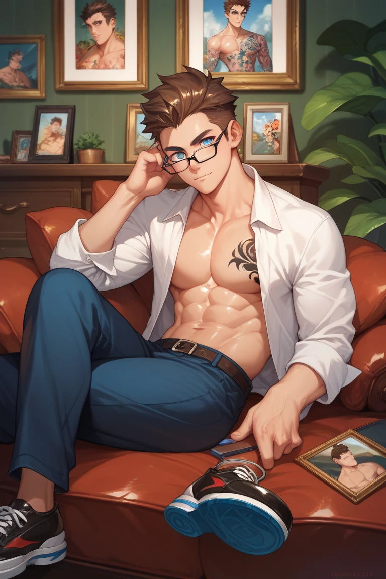 Handsome young man, no shirt, fair skin, blue eyes, brown hair, glasses, black, shiny shoes, magic fire around him, black tattoo, picture, anime