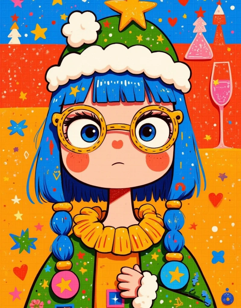 cartoon drawing of a girl with glasses and a hat, 2 d anime style, 2d illustration, 2 d illustration, vibrant fan art, 2 d style, 2d digital illustration, by Kanbun Master, candypunk character design, cute art style, digital 2d illustration, colorfull illustration, little angry girl with blue hair, 2 d gouache illustration