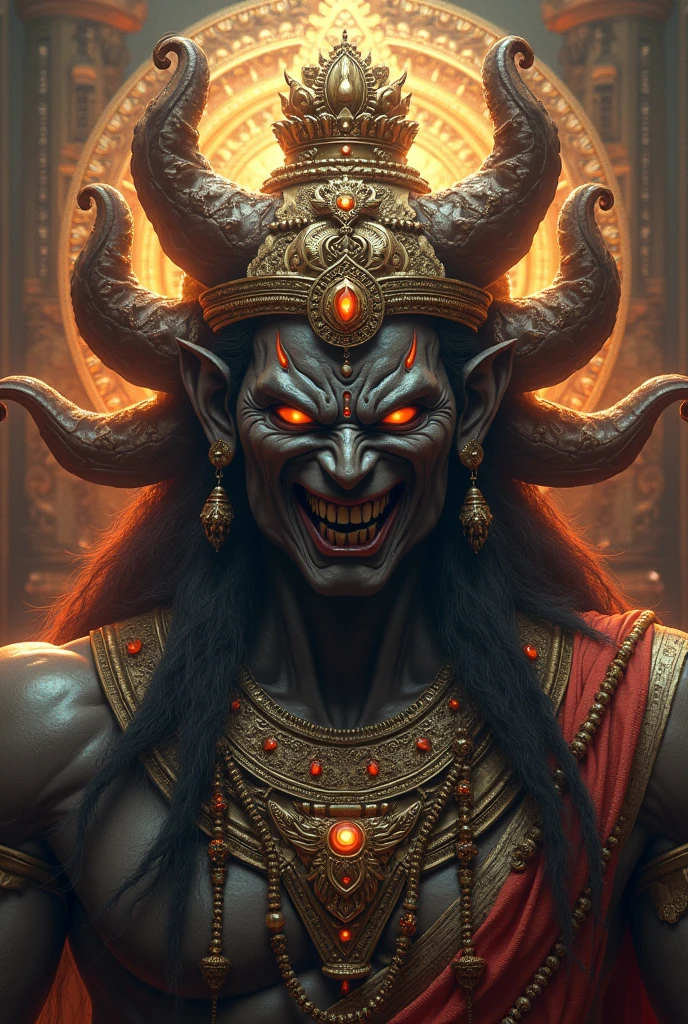 Madurai veeran indian god he has a black skin and on his left hand has a big knife and his right has a devil hat.his eyesare red too.