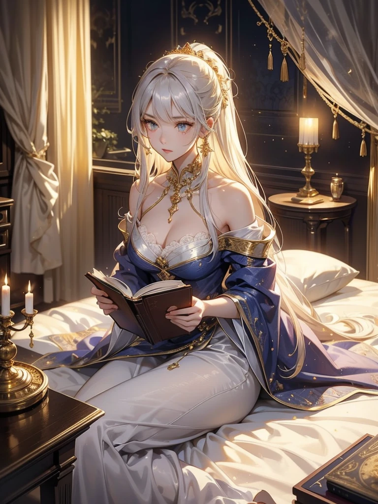 (masterpiece, top quality, best quality, official art, beautiful and aesthetic:1.2), (1girl:1.3), wavy long hair, silver hair, blue eyes, extremely detailed, portrait, looking at viewer, solo, (full body:0.6), detailed background, close up, fortune teller, charlatan, smirk, mysterious, sitting at table, shoulderless loose gypsy fortune teller clothes, cleavage, tarot cards, crystal ball, dark mysterious lighting, shadows, magical atmosphere, starry night, dutch angle, large breasts, narrow waist, thick thighs, reading crystal ball
