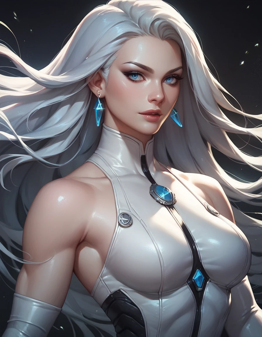 A woman with silver-white hair and blue eyes. She has a confident expression and is dressed in a revealing costume that combines futuristic and classical elements. The outfit features a black bodice with gold trim, a white top, and a long, flowing silver skirt. She also wears a choker with a pendant, earrings, and multiple bracelets on her arms. The character is standing in what appears to be an auditorium with red seats, and there is a warm, golden light illuminating her from the side. (enormous breast:1.5)