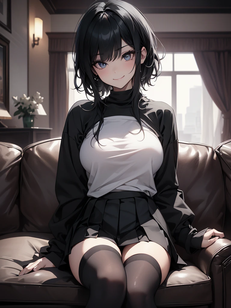 8k,  top quality, The real picture,  complex details, Very detailed,  super high resolution ,  depth field , ( realistic, realistic),  table top in front of you, (((Sit on a large leather sofa ))), (((( 1 girl)))), ((smile)), eye_Chan,  very beautiful , innocent big eyes,  beautiful breasts, 非常に詳細なeye, ( beautiful breasts), (( black hair)), ( wolf cut hair),  perfect skin, Fair skin,  small breasts, Tight waist, Alone,  Staring at viewers, ((( oversized long sleeve t-shirt))), (( Pleated Miniskirt)), (( Knee High Socks)), (( hotel suites))