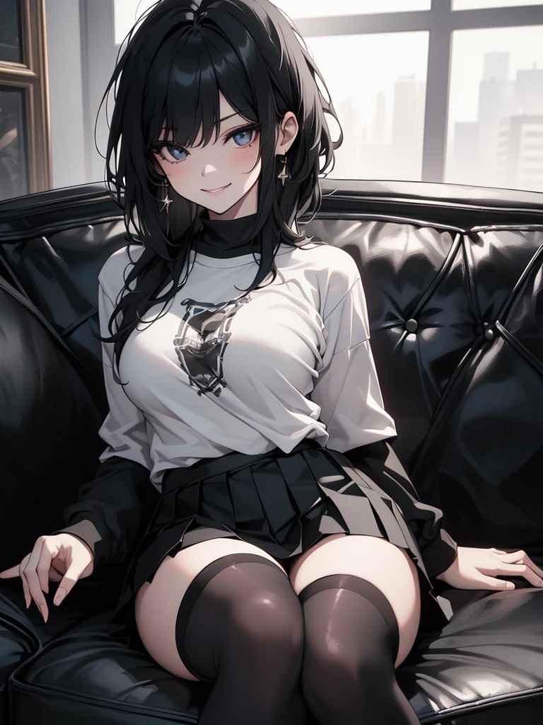 8k,  top quality, The real picture,  complex details, Very detailed,  super high resolution ,  depth field , ( realistic, realistic),  table top in front of you, (((Sit on a large leather sofa ))), (((( 1 girl)))), ((smile)), eye_Chan,  very beautiful , innocent big eyes,  beautiful breasts, 非常に詳細なeye, ( beautiful breasts), (( black hair)), ( wolf cut hair),  perfect skin, Fair skin,  small breasts, Tight waist, Alone,  Staring at viewers, ((( oversized long sleeve t-shirt))), (( Pleated Miniskirt)), (( Knee High Socks)), (( hotel suites))