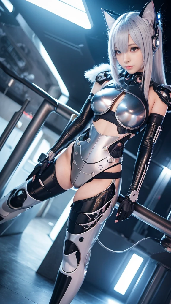 16K quality、Highest quality, Photo Quality、Ultra-high resolution、Science fiction、 (((Full-body view from the front)))、(very beautiful teenage girl)、((beautiful white silver hair、Silvery white bob hair,))、((Blue Eyes))、(((Wearing a white mecha、white mechanical bikini armor、Bikini armor made from a combination of machinery and black rubber material at the joints.:1.2)))、((Ultra-Realistic Details))、(Lightly equipped lower body、Bare skin exposed)、(((Place your hands above your head、Show both armpits)))、((Her legs are spread wide in an M-leg pose))、Standing on tiptoes、(metal silver armor、 The surface of the armor is smooth、Shaped to fit the curves of your body、Meticulous attention to every detail of the machine、Advanced light-up electronics and sensors all over the body、The backs of the hands, arms and ankles are illuminated)、((Electronic circuits that glow throughout the body、blue led lamp)）、 (Chest armor、 Slit-shaped openings in the center of the chest and around the waist)、((mechanical arm、Black rubber material on the joints))、(Not too big breasts)、(((Exposed skin on the chest)))、(((Raw skin is exposed around the waist and V zone)))、(((The raw skin of the thighs is exposed、barefoot)))、(((High Cut High Leg、Bikini line that exposes the waist、Sharp V-zone)))、((Exposing the tummy、Small belly button))、((Rubber white knee-high long boots))、(Wearing a small headset、A small antenna and sensor on the top of the headset、Microphone at the bottom of the headset)、Realistic Light、 (Big eyes、Very beautiful and subtle makeup, Light makeup)、Highly detailed face、Shiny earrings、 (C cup breasts)、 (((Screaming with pleasure)))、(((Ecstatic facial expression、A face full of pleasure、Feel the ecstasy、Climax)))、Embarrassing、((Laboratory of the near future、lots of tubes and advanced machinery、Instruments and glowing computer screens))、A clear, beautiful face and well-proportioned eyes、A neat nose、Thin eyebrows、Perfect hands、Perfect Fingers、 Beautiful thin lips , Beautiful eyeshadow, （(NSFW))、(((Do the M-leg pose、Lift your legs up、Spread your legs wide、Squat with your knees up)))、 Cute round face、Smaller face、Plump thighs、Slender body、slim、Light-reflecting skin、Low - Angle、The light reflected in your eyes、double eyelid、Big Eyes、Golden ratio beauty face、Lip gloss、Background blur、Cinema lighting、Light on face