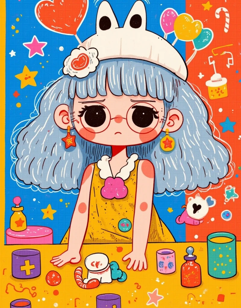 cartoon drawing of a girl with glasses and a hat, 2 d anime style, 2d illustration, 2 d illustration, vibrant fan art, 2 d style, 2d digital illustration, by Kanbun Master, candypunk character design, cute art style, digital 2d illustration, colorfull illustration, little angry girl with blue hair, 2 d gouache illustration