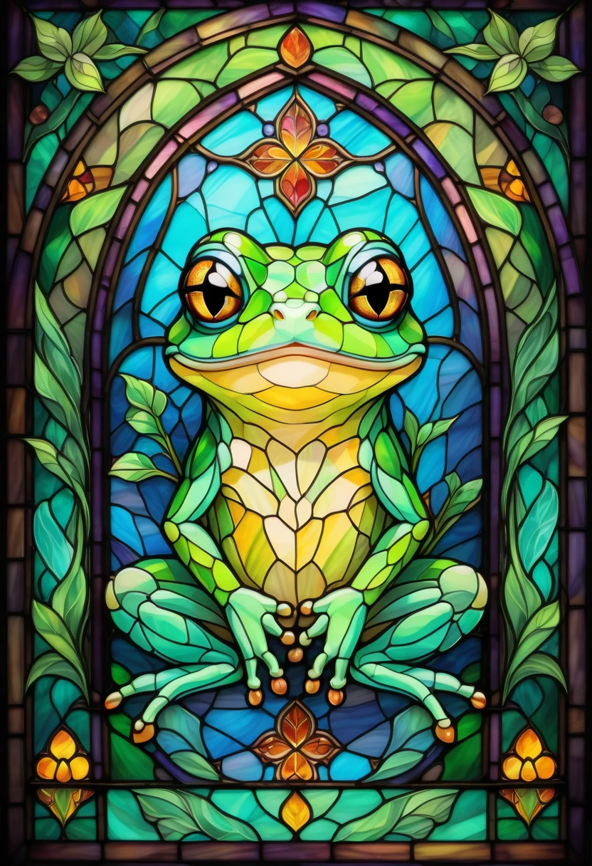 2D Stained Glass window, cute frog in window frame. dungeons and dragons art. Style of stained glass. Digital stained glass style. pastel color scheme