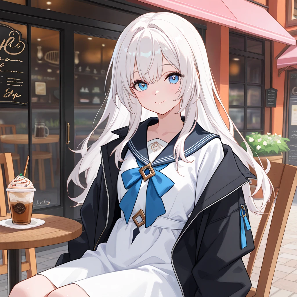 Super detailed,(Highest quality),((masterpiece)),(High resolution), (detailed eyes), (beautifull eyes) 1 girl, white hair, long hair, blue eyes, white dress, sailor collar, black jacket, open jacket, sitting on chair, outdoor, near cafe, look at viewer, smile, upper body,