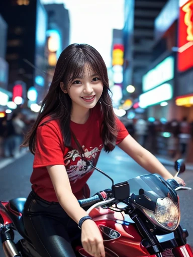 A person riding a motorcycle, wearing a red T-shirt and hot pants, surrounded by the glittering neon lights of a big city, a landscape with motion blur and speed lines. Her messy hair flows in the wind, conveying the hustle and bustle of the city around her. An art style with focused, vibrant colors and high-contrast lighting effects that create a dynamic visual experience, ((masterpiece)), ((best quality)), (ultra-detailed), ((beautiful eyes)), Japanese female, (slender), ((30 years old)), beautiful, (cheerful grin:1.3),