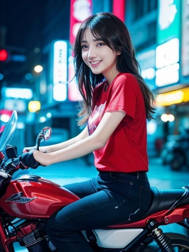 A person riding a motorcycle, wearing a red T-shirt and hot pants, surrounded by the glittering neon lights of a big city, a landscape with motion blur and speed lines. Her messy hair flows in the wind, conveying the hustle and bustle of the city around her. An art style with focused, vibrant colors and high-contrast lighting effects that create a dynamic visual experience, ((masterpiece)), ((best quality)), (ultra-detailed), ((beautiful eyes)), Japanese female, (slender), ((30 years old)), beautiful, (cheerful grin:1.3),