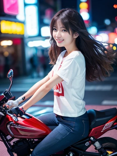 A person riding a motorcycle, wearing a red T-shirt and hot pants, surrounded by the glittering neon lights of a big city, a landscape with motion blur and speed lines. Her messy hair flows in the wind, conveying the hustle and bustle of the city around her. An art style with focused, vibrant colors and high-contrast lighting effects that create a dynamic visual experience, ((masterpiece)), ((best quality)), (ultra-detailed), ((beautiful eyes)), Japanese female, (slender), ((30 years old)), beautiful, (cheerful grin:1.3),