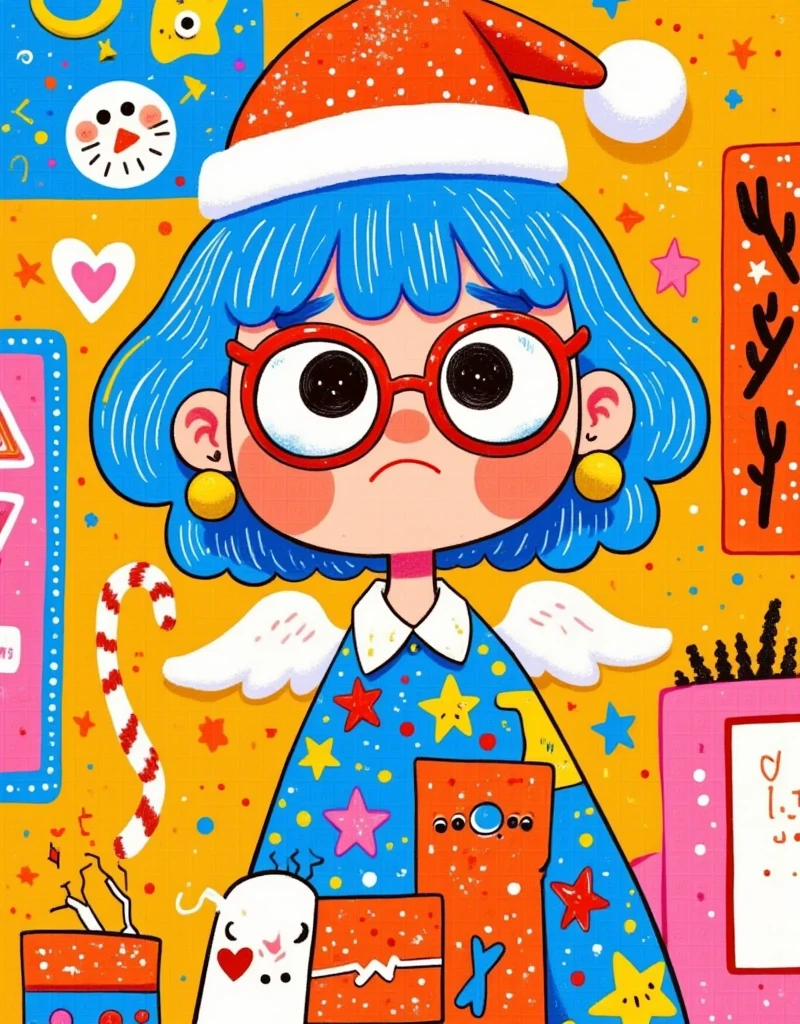 cartoon drawing of a girl with glasses and a hat, 2 d anime style, 2d illustration, 2 d illustration, vibrant fan art, 2 d style, 2d digital illustration, by Kanbun Master, candypunk character design, cute art style, digital 2d illustration, colorfull illustration, little angry girl with blue hair, 2 d gouache illustration