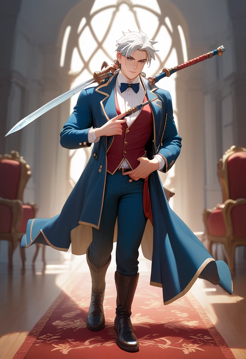 Male butler　assassin　 is holding a weapon　One knotted silver-haired 　 full body view