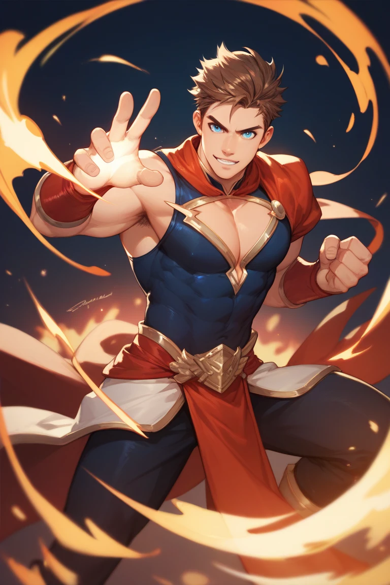 Male, brown hair, blue eyes, handsome, wearing a cleavage-baring outfit, wearing a fantasy outfit, with magical sparks of fire around him, performing a power-release pose