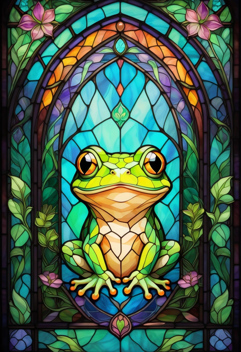 2D Stained Glass window, cute frog in window frame. dungeons and dragons art. Style of stained glass. Digital stained glass style. pastel color scheme