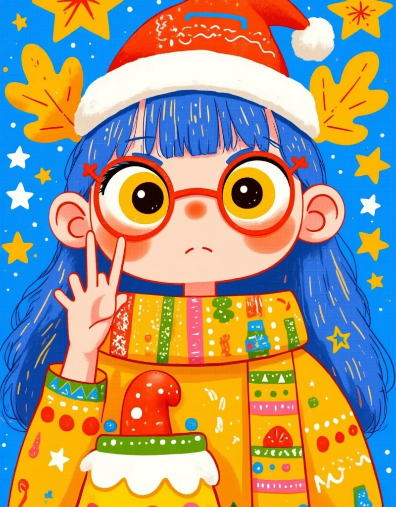 cartoon drawing of a girl with glasses and a hat, 2 d anime style, 2d illustration, 2 d illustration, vibrant fan art, 2 d style, 2d digital illustration, by Kanbun Master, candypunk character design, cute art style, digital 2d illustration, colorfull illustration, little angry girl with blue hair, 2 d gouache illustration