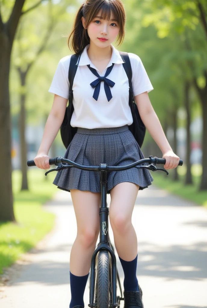 Masterpiece, 8k, Photorealistic, Raw photo, top-quality, Beautiful Japanese High school girl, Photorealistic, (Plump breast:1.3), Dynamic angle, 
school uniform, Dark blue socks, Coin-Lofer, Straddling a bicycle, legs spread apart, toes landing on the ground, White blouse, dark blue Butterfly styled check-pattern ribbon at collar, plaid pleated short skirt, carrying Brack backpack , (From below1.3), morning, Ponytail, Sunshine, Closeup,