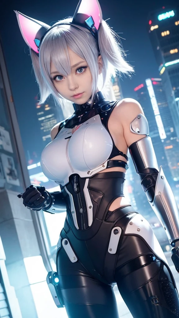 Masterpiece, Best Quality, Girls, Slender, Medium, Cute, y, Silver Hair, Near Future, Sci-Fi, Cyberpunk, Kimono Like Mechanical Bodysuit, Bikini, Exposed Skin, Oiran , Dystopia, Night, Silver Themes, Black Themes, Fluorescent Themes