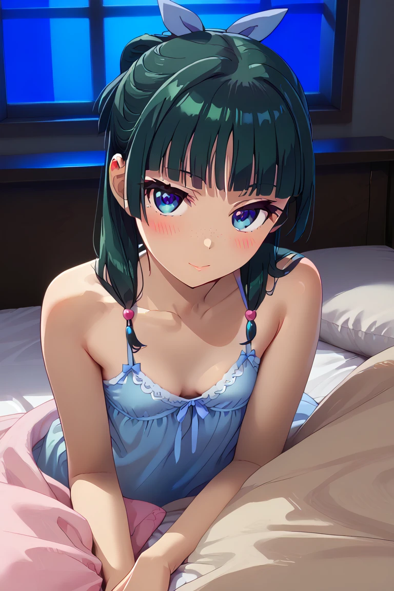 1girl, default hairstyle, hair bun, hair ribbon, blue ribbon, sidelocks, blunt bangs, hair beads, half updo, low twintails, hair over shoulder, freckles, small breasts, pale skinned, petite    dynamic angle, takeda hiromitsu style,    skinny, petite body, cleavage, looking at viewer, bed invitation, on bed, on side, pillow, under covers, dimly light, nightgown, night, windows, bedrrom, naughty face, blush, 