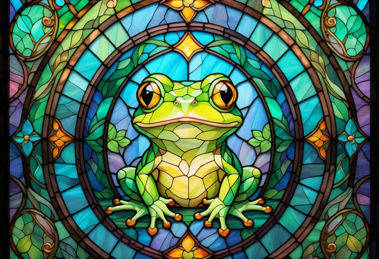 2D Stained Glass window, cute frog in window frame. dungeons and dragons art. Style of stained glass. Digital stained glass style. pastel color scheme