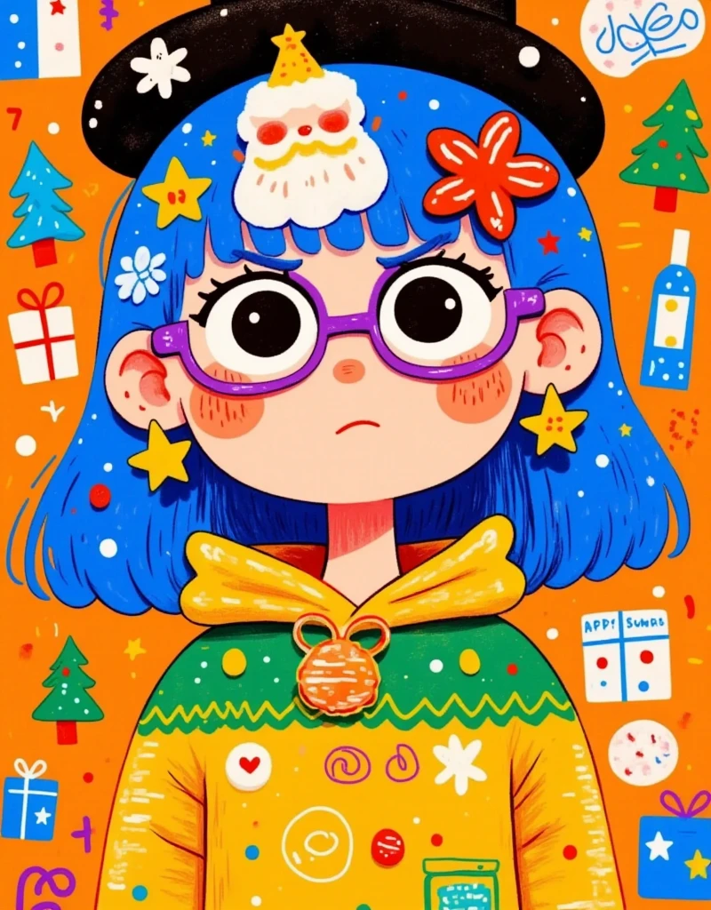 cartoon drawing of a girl with glasses and a hat, 2 d anime style, 2d illustration, 2 d illustration, vibrant fan art, 2 d style, 2d digital illustration, by Kanbun Master, candypunk character design, cute art style, digital 2d illustration, colorfull illustration, little angry girl with blue hair, 2 d gouache illustration