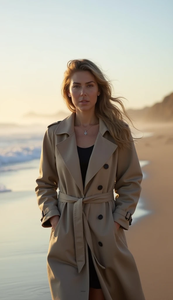 A full color portrait of a beautiful woman wearing a beige trench coat with ankle boots,Bali, Indonesia at high tide,portrait from above, epic character composition,by ilya kuvshinov, alessio albi, nina masic,sharp focus, subsurface scattering, f2, 35mm, film grain ,sexy smile<lora:milenaj:1>