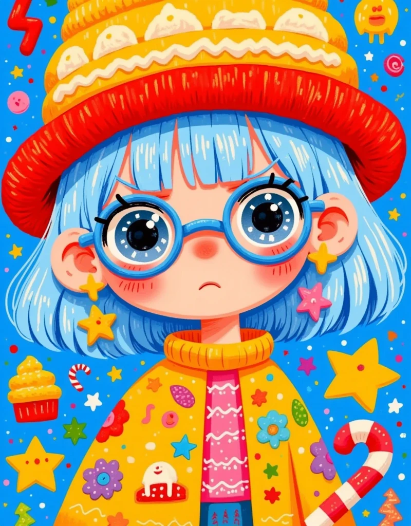 cartoon drawing of a girl with glasses and a hat, 2 d anime style, 2d illustration, 2 d illustration, vibrant fan art, 2 d style, 2d digital illustration, by Kanbun Master, candypunk character design, cute art style, digital 2d illustration, colorfull illustration, little angry girl with blue hair, 2 d gouache illustration