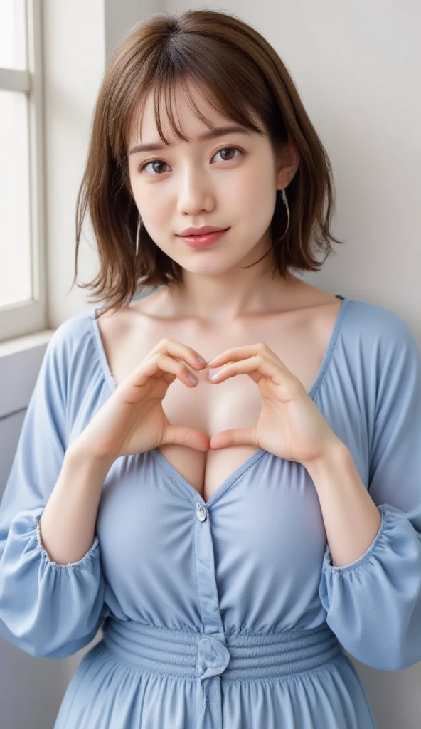 Only one woman with a cute smile wears cute, fluffy off-shoulder pajamas, makes a big heart shape with both hands, and poses them in front of her chest, View above collarbone、Gigantic Breasts,  background is a monotone 

