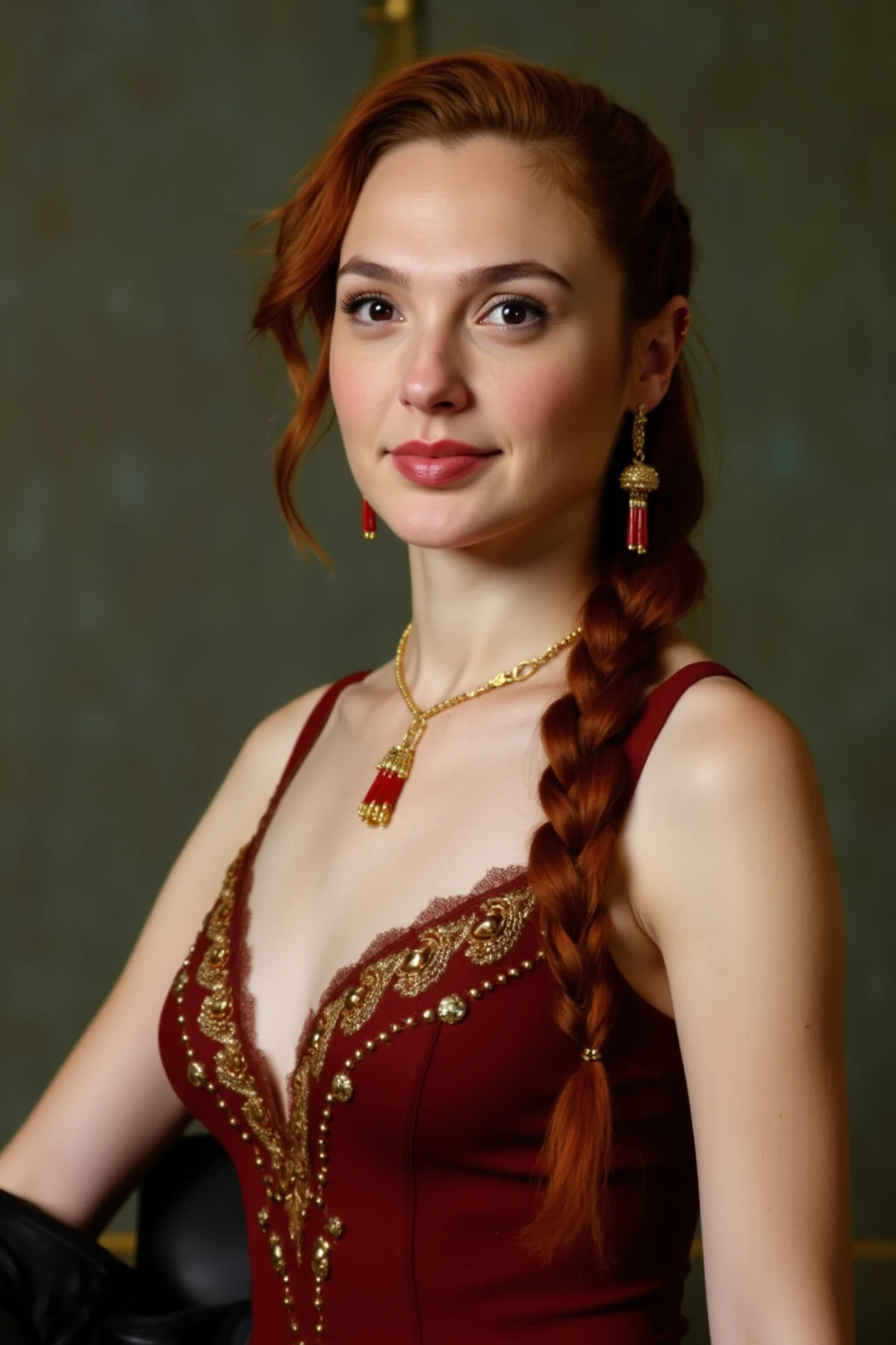 This is a photograph of a girl with striking red hair styled in elaborate braids. Her hair is intricately woven into a series of braids that cascade down her shoulders, with a few strands framing her face. She has a fair complexion and is wearing a deep red lingerie with gold accents, which adds a regal and historical touch to her attire. The lingerie appears to be made of a luxurious fabric, with a subtle sheen that enhances its texture. She accessorizes with gold jewelry, including a pair of large, dangling earrings that feature intricate designs and small red beads. Her makeup is subtle yet elegant, with a soft pink lipstick and a light blush that complements her fair skin. The background is a muted, textured green that contrasts subtly with her vibrant attire, making her the focal point of the image. The overall style of the photograph is reminiscent of classical or historical portraiture, emphasizing both the woman's appearance and the rich, opulent details of her lingerie and accessories, posing sexy, Gal Gadot,(full body)