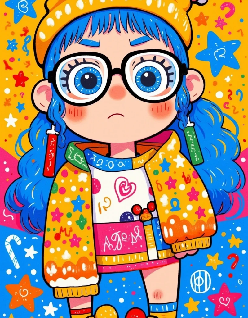 cartoon drawing of a girl with glasses and a hat, 2 d anime style, 2d illustration, 2 d illustration, vibrant fan art, 2 d style, 2d digital illustration, by Kanbun Master, candypunk character design, cute art style, digital 2d illustration, colorfull illustration, little angry girl with blue hair, 2 d gouache illustration