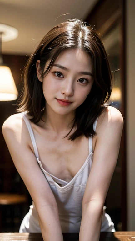 ((史上類を見ないmasterpiece、highest quality、woman, 58 years old、(wrinkled face:1.1)、(wrinkled body:1.3)、grin and laugh、japanese mature、((sloppy body:1.1))、erotic lingerie、sexy lingerie、down blouse、(leaning forward:1.3)、(oversize tshirt、Loose-fitting T-shirt、Low Cut T-Shirt:1.2)、(highest quality、8K、32K、masterpiece)、(Detailed bra)、Japanese、squat、bright smile、inside the house、blurred background、upper body close-up、shot from above、entrance、skirt、joined、Receiving luggage