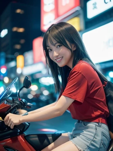 A person wearing a red T-shirt and hot pants rides a motorcycle, speeding through the bright neon lights of a big city. Her hair blows in the wind, and motion blur creates a sense of speed. The front angle gives a sense of powerful movement and energy. The bright lights of the city at night illuminate the surroundings, creating a bright atmosphere. In the background of the city, you can see glimpses of skyscrapers and neon signboards, creating a vibrant night view of the city, ((masterpiece)), ((best quality)), (ultra-detailed), ((beautiful eyes)), Japanese female, (slender), ((30 years old)), beautiful, (cheerful grin:1.3),