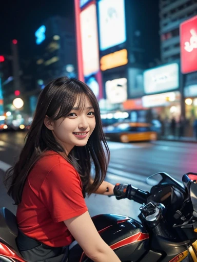 A person wearing a red T-shirt and hot pants rides a motorcycle, speeding through the bright neon lights of a big city. Her hair blows in the wind, and motion blur creates a sense of speed. The front angle gives a sense of powerful movement and energy. The bright lights of the city at night illuminate the surroundings, creating a bright atmosphere. In the background of the city, you can see glimpses of skyscrapers and neon signboards, creating a vibrant night view of the city, ((masterpiece)), ((best quality)), (ultra-detailed), ((beautiful eyes)), Japanese female, (slender), ((30 years old)), beautiful, (cheerful grin:1.3),