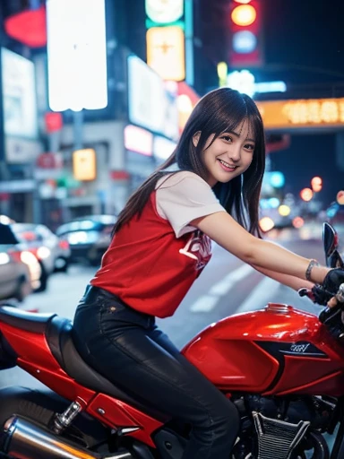 A person wearing a red T-shirt and hot pants rides a motorcycle, speeding through the bright neon lights of a big city. Her hair blows in the wind, and motion blur creates a sense of speed. The front angle gives a sense of powerful movement and energy. The bright lights of the city at night illuminate the surroundings, creating a bright atmosphere. In the background of the city, you can see glimpses of skyscrapers and neon signboards, creating a vibrant night view of the city, ((masterpiece)), ((best quality)), (ultra-detailed), ((beautiful eyes)), Japanese female, (slender), ((30 years old)), beautiful, (cheerful grin:1.3),