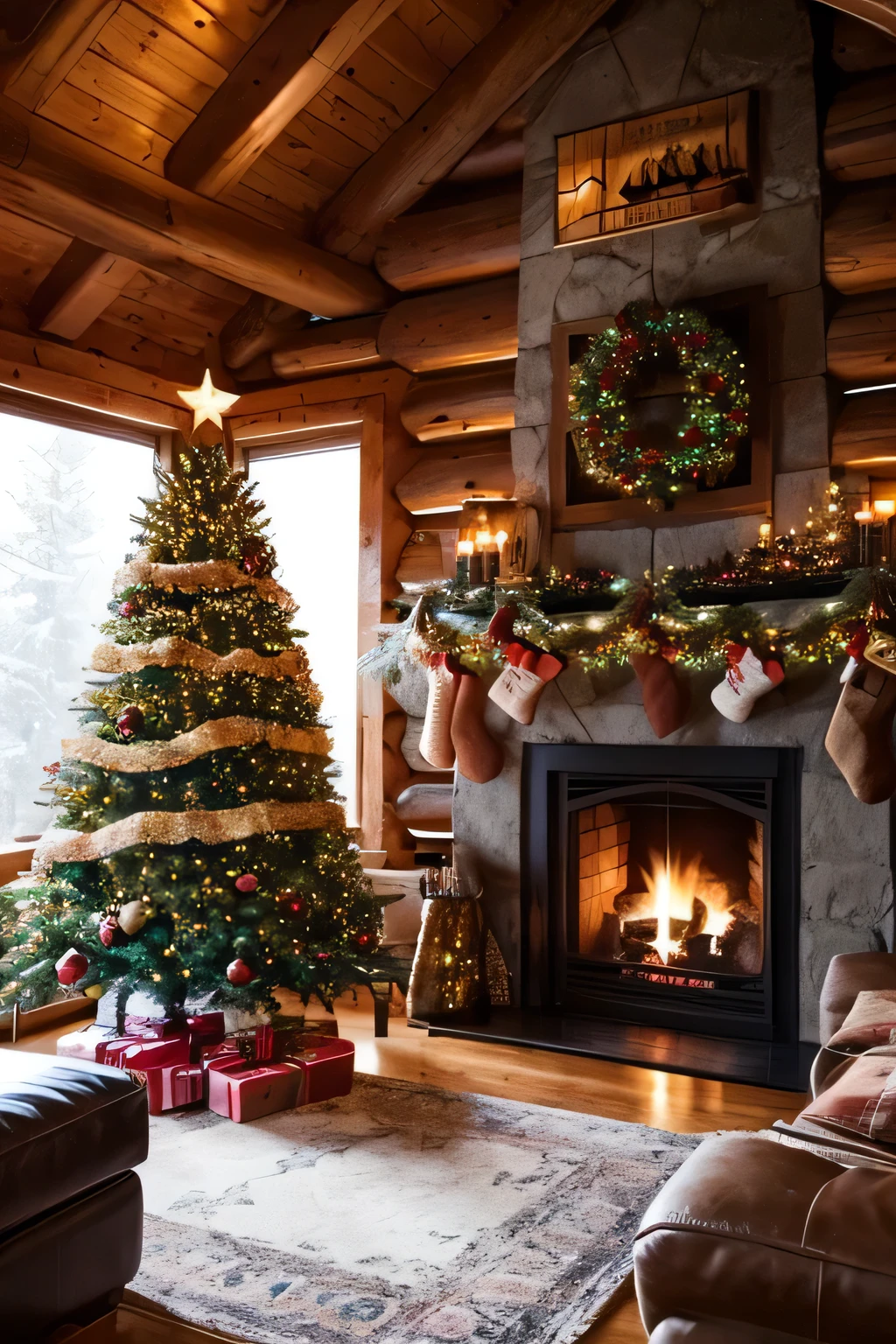 Inside a log house with a fireplace 、 a huge Christmas tree in the living room、 focus on the Christmas tree 、A gray-haired man in his 70s is reading on the sofa 、 The man is Western and wears a sweater and reading glasses、Late Night