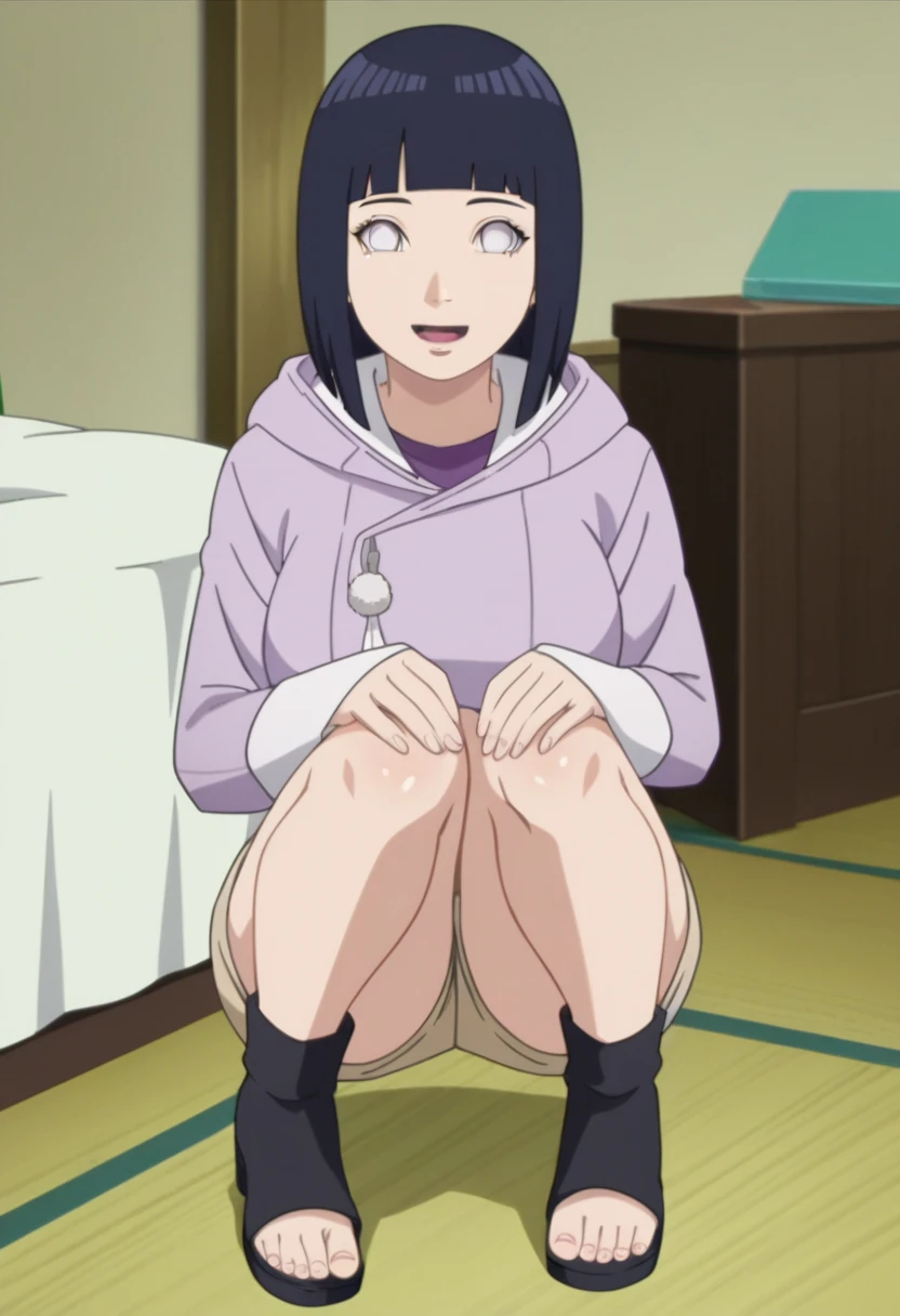 master part, absurderes, hinata\(boruto\), 1 girl, standing alone,mature woman, Purple sweatshirt,layered sleeves, brown jeans, Full ar, cloudy sky, perfect composition, circumstantial lips, large breasted, Face pretty, Body Proportion, blush, (pink lips), short black hair (Bblack hair), Lilac Eyes, smooth appearance, super realistico, circunstanciado, photoshoot, realistic face and body, realistic hair, realisticeyes, realistic nose, realistic lips, brown jeans, lively, dancing lightly. on your back, with chin under shoulder, looking back sensually, sorriso sexually, open mouth. Different posture, sexually.