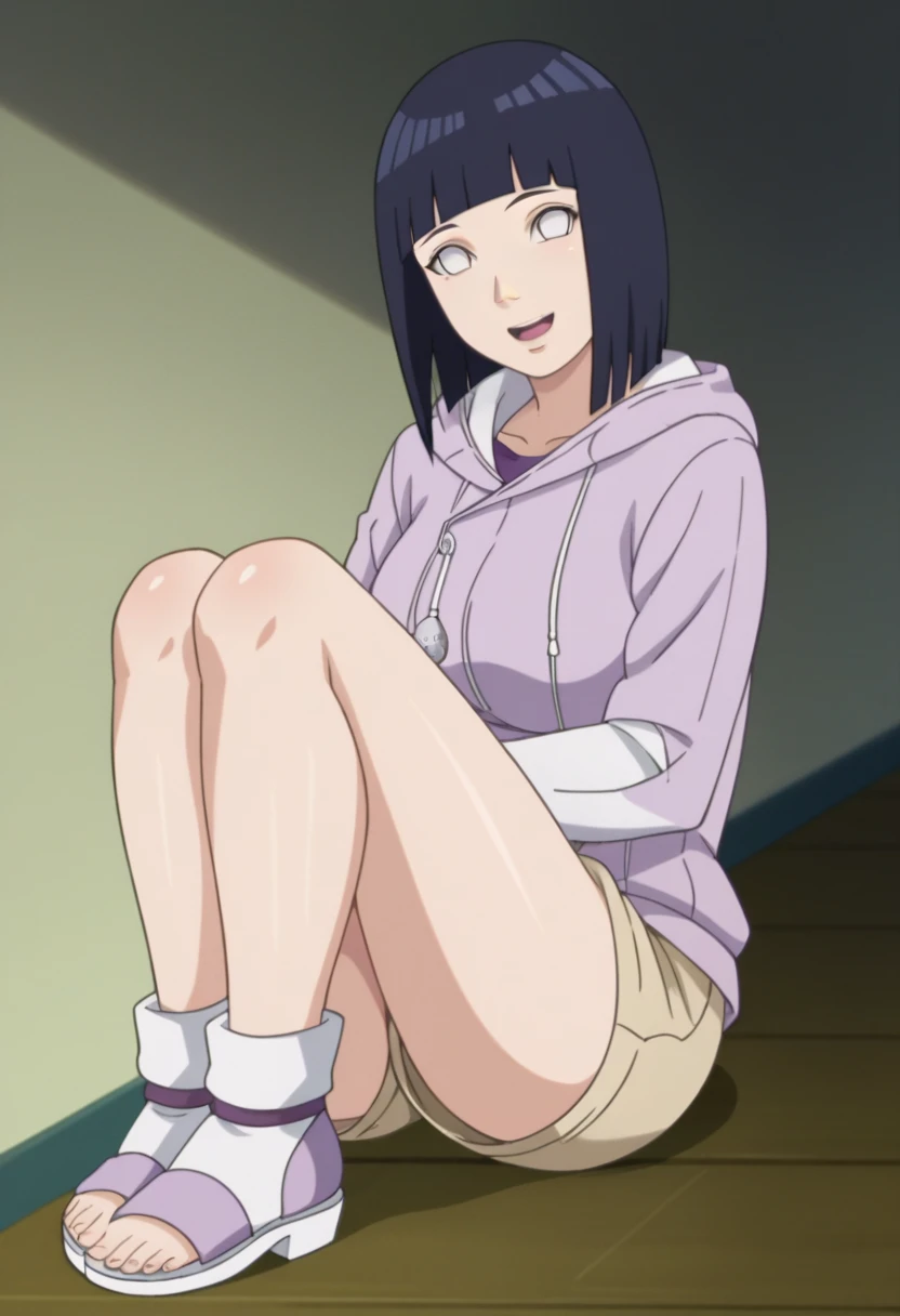 score_9, score_8_up, score_7_up, source_anime,anime screencap,anime coloring,intricate details,masterpiece,
uncensored,
mature female,
hinata, black hair, 1girl, short hair, large breasts, bangs, blunt bangs,white eyes,no pupils,
hoodie,long sleeves,jacket,purple jacket,hood down,layered sleeves,short over long sleeves,white shirt,beige shorts,toeless footwear, 
open mouth, 
smile,looking at viewer,
perfect anatomy, beautiful body, beautiful legs 
Bedroom
