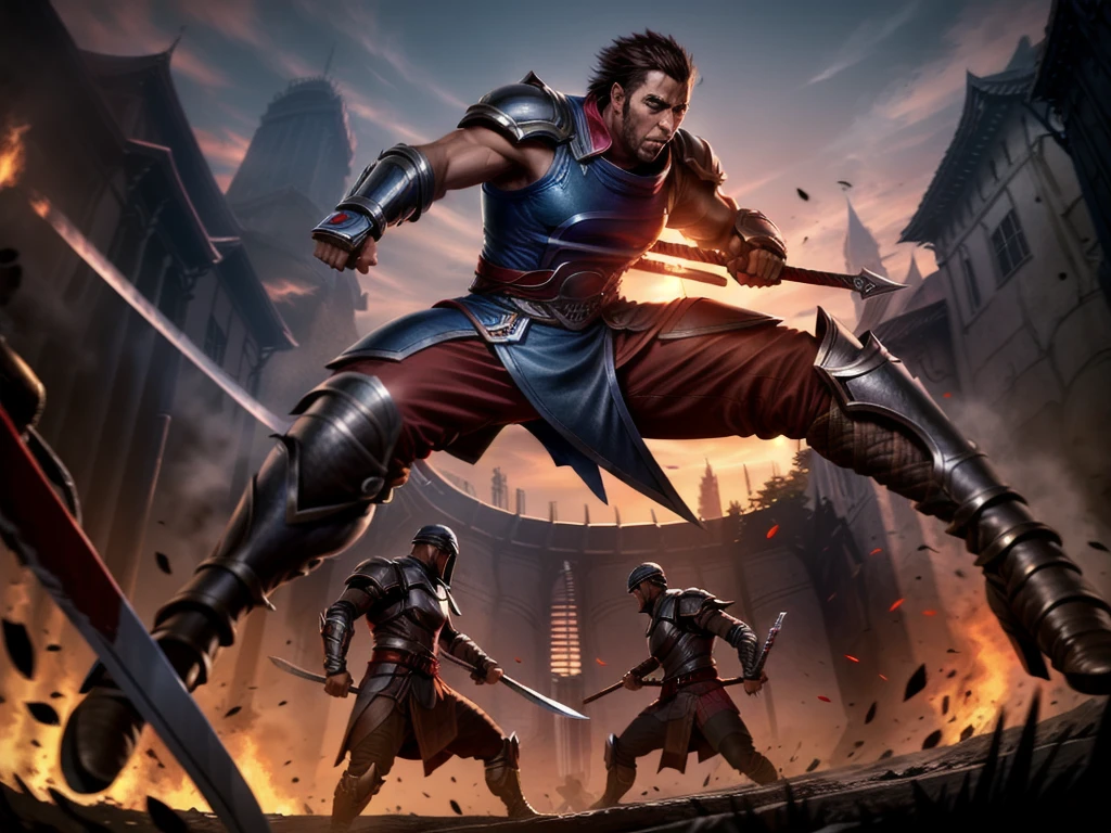 arena，Red and blue PK ，Fight，Swords and Blades，arena，Showdown， European and American realistic style，Game promotional image