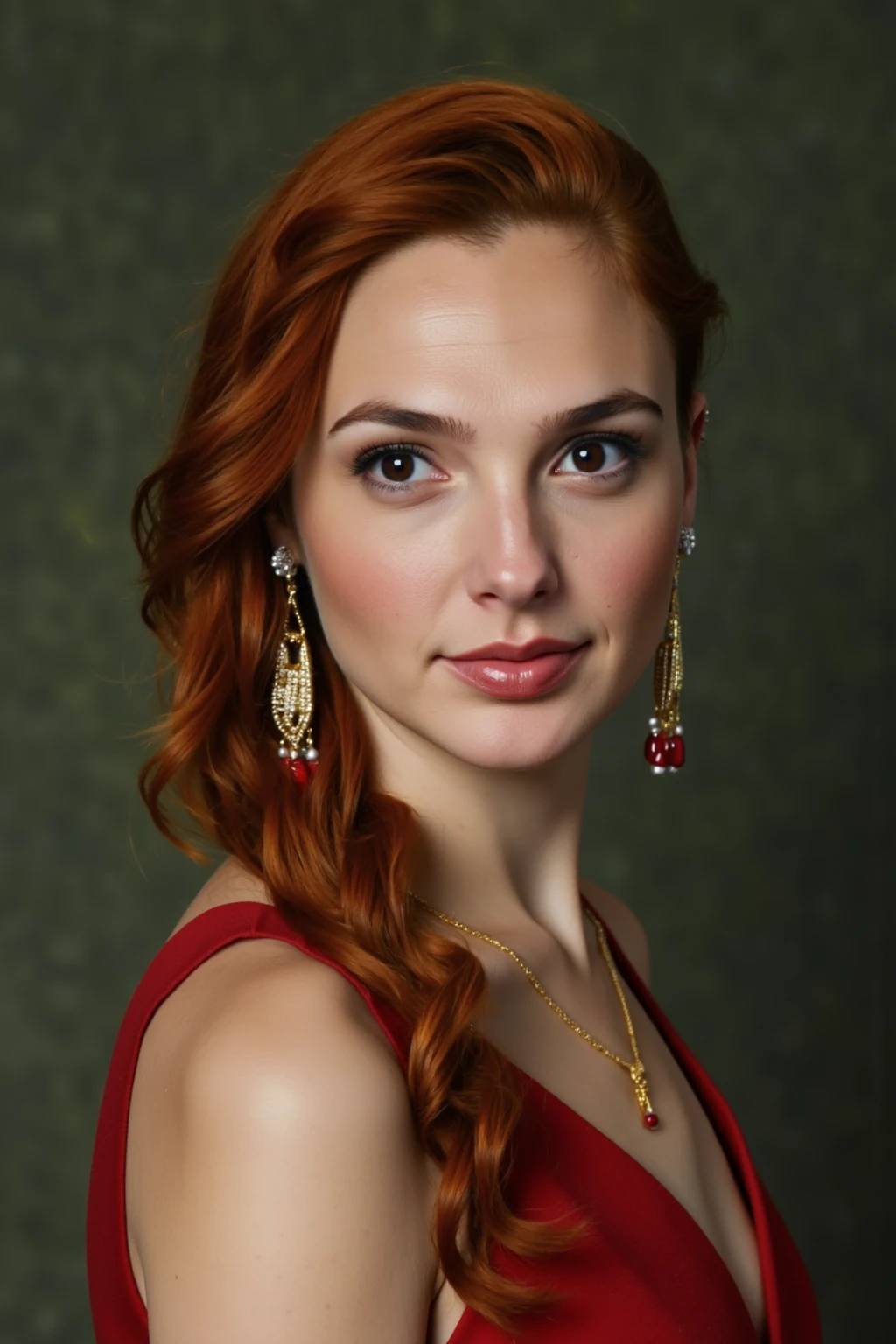 This is a photograph of a girl with striking red hair styled in elaborate braids. Her hair is intricately woven into a series of braids that cascade down her shoulders, with a few strands framing her face. She full naked. She accessorizes with gold jewelry, including a pair of large, dangling earrings that feature intricate designs and small red beads. Her makeup is subtle yet elegant, with a soft pink lipstick and a light blush that complements her fair skin. The background is a muted, textured green that contrasts subtly with her vibrant attire, making her the focal point of the image. The overall style of the photograph is reminiscent of classical or historical portraiture, emphasizing both the woman's appearance. Se is posing sexy, Gal Gadot,(full body)