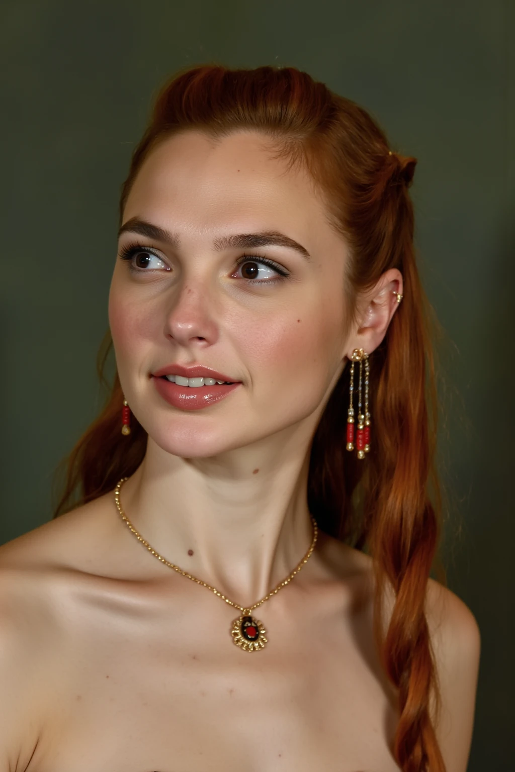 This is a photograph of a girl with striking red hair styled in elaborate braids. Her hair is intricately woven into a series of braids that cascade down her shoulders, with a few strands framing her face. She full naked. She accessorizes with gold jewelry, including a pair of large, dangling earrings that feature intricate designs and small red beads. Her makeup is subtle yet elegant, with a soft pink lipstick and a light blush that complements her fair skin. The background is a muted, textured green that contrasts subtly with her vibrant attire, making her the focal point of the image. The overall style of the photograph is reminiscent of classical or historical portraiture, emphasizing both the woman's appearance. Se is posing sexy, Gal Gadot,(full body)