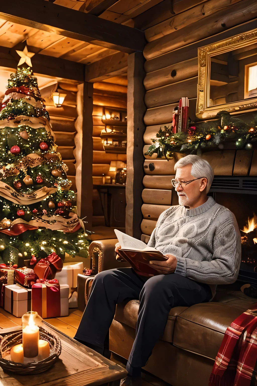 Inside a log house with a fireplace 、 a huge Christmas tree in the living room、 focus on the Christmas tree 、A gray-haired man in his 70s is reading on the sofa 、 The man is Western and wears a sweater and reading glasses、Late Night