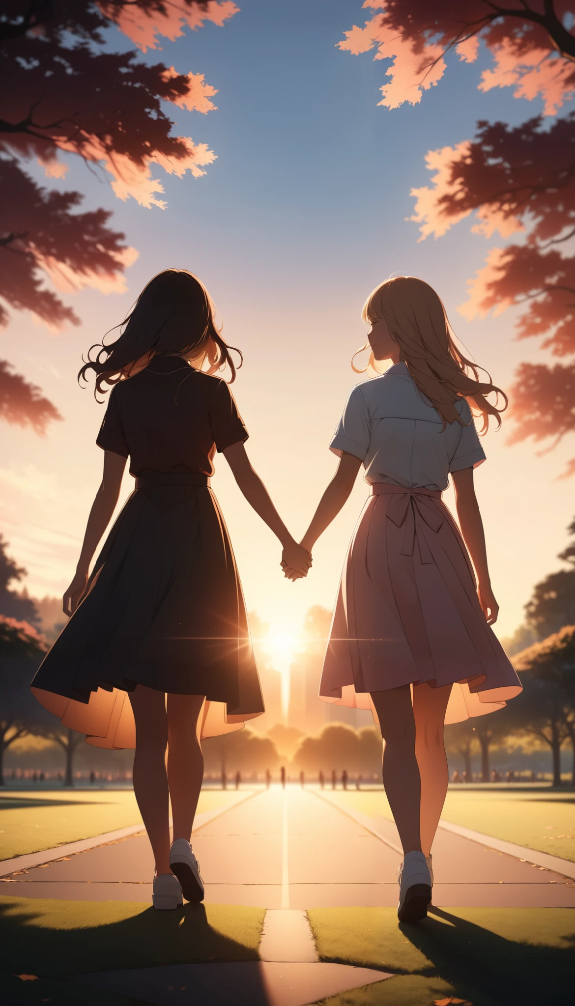 a silhouette of two female high school students holding hands in a park at sunset, magical hour, beautiful, detailed, cinematic lighting, warm tones, soft focus, hyperrealistic, 8k, masterpiece