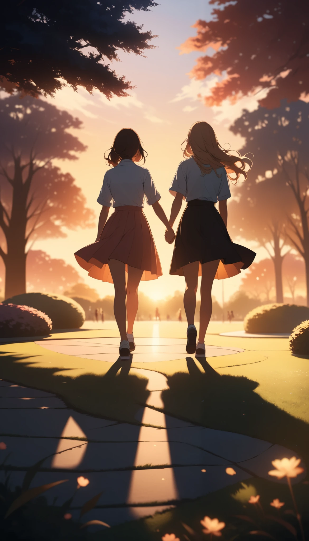 a silhouette of two female high school students holding hands in a park at sunset, magical hour, beautiful, detailed, cinematic lighting, warm tones, soft focus, hyperrealistic, 8k, masterpiece