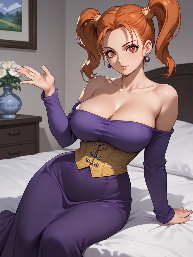 score_9, score_8_up, score_7_up,  source_Anime,  Jessica Albert ,  Jessica Albert ,  orange hair,  red eyes,  Twin Tails , Bare shoulders, (((Big Breasts)))、 clevis on a stone,  dress,  earrings,  off shoulder , off-shoulder  dress, purple  shirt,  shirt,  strapless ,  strapless   dress,  corset, Ryokan bedroom,  bed,  bed room, Aside, looking at viewer,